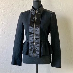 BCBG Max Azria Black Peplum Wool Satin Trimmed Waist Length Jacket / Size Small